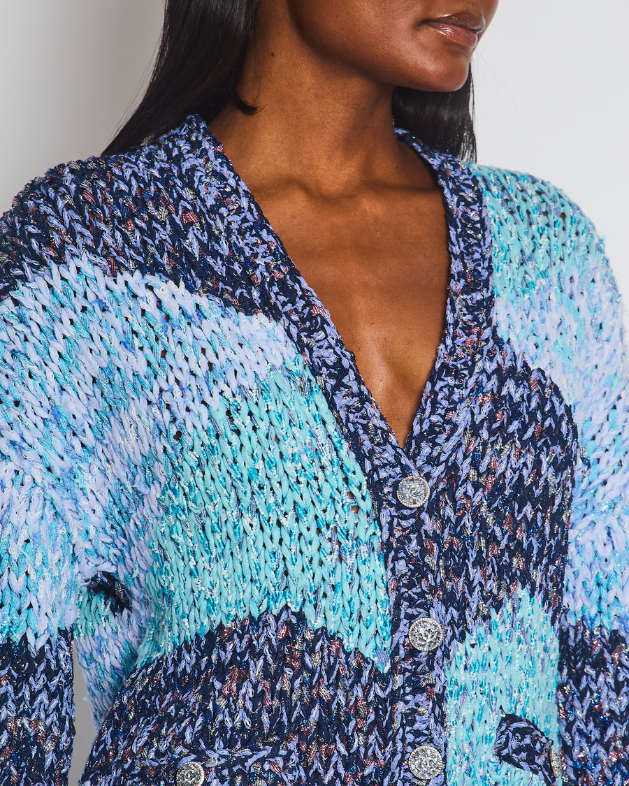 Chanel 23P Aqua Blue Metallic, Navy White Crochet Knit Oversized Cardigan with Silver Logo Crystal Buttons Size FR 36 (UK 8)