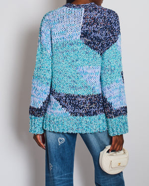Chanel 23P Aqua Blue Metallic, Navy White Crochet Knit Oversized Cardigan with Silver Logo Crystal Buttons Size FR 36 (UK 8)