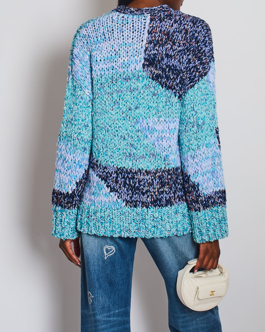 Chanel 23P Aqua Blue Metallic, Navy White Crochet Knit Oversized Cardigan with Silver Logo Crystal Buttons Size FR 36 (UK 8)