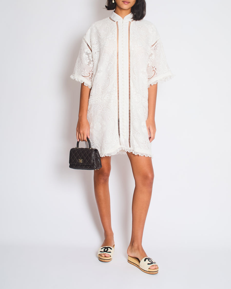 Zimmermann Laurel Lace Shirt Buttoned Dress in Ivory White Size 1 (UK 10)