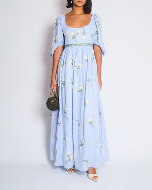 Agua by Agua Bendita Viviane Floral Linen Maxi Blue Dress Size S (UK 8)