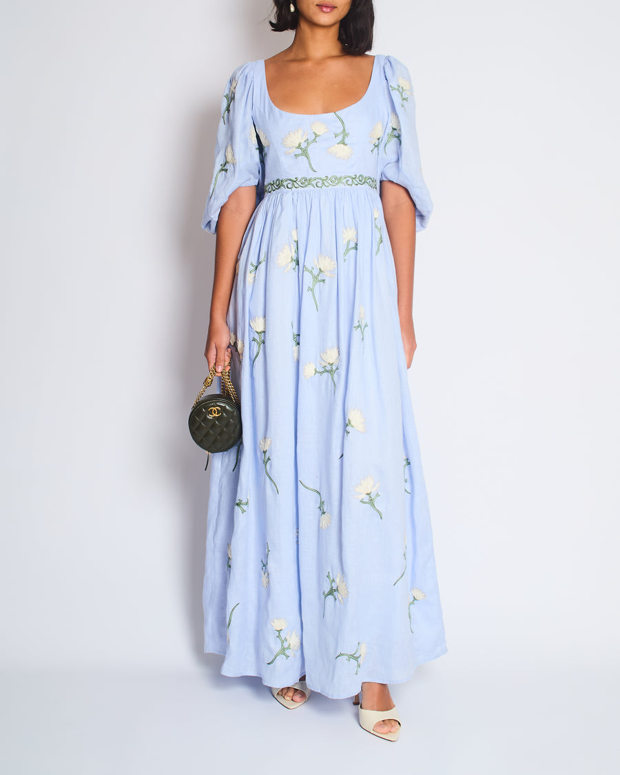 Agua by Agua Bendita Viviane Floral Linen Maxi Blue Dress Size S (UK 8)