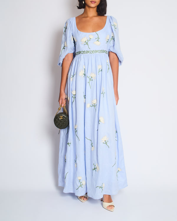 Agua by Agua Bendita Viviane Floral Linen Maxi Blue Dress Size S (UK 8)