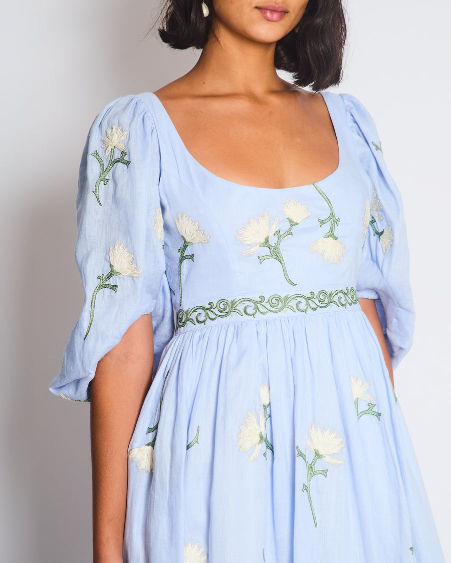 Agua by Agua Bendita Viviane Floral Linen Maxi Blue Dress Size S (UK 8)