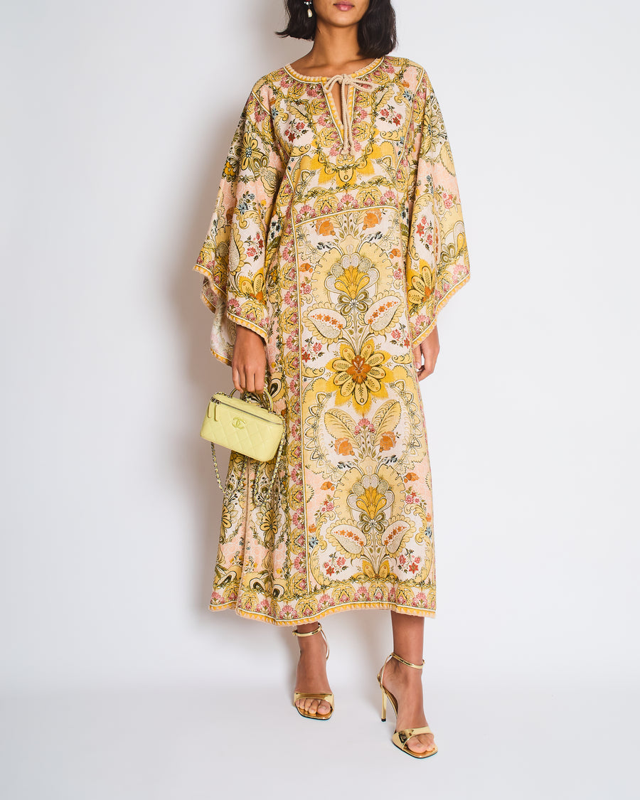 Zimmermann Laurel Floral Linen Kaftan Dress With Tie Detail Size 0 (UK 8)