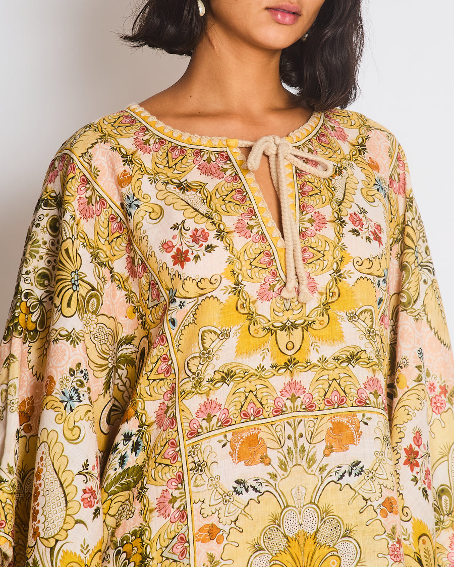 Zimmermann Laurel Floral Linen Kaftan Dress With Tie Detail Size 0 (UK 8)
