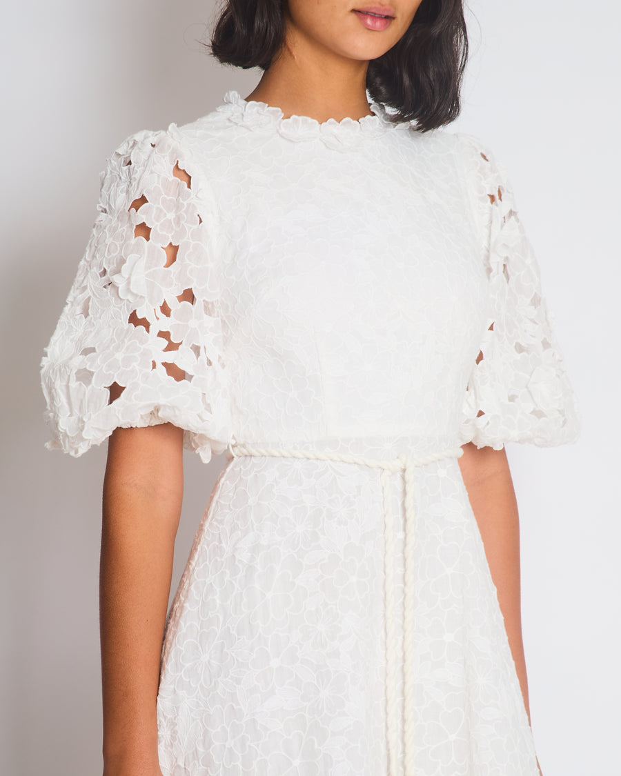 Zimmermann Lola Embroidered Ramie White Midi Dress Size 0 (UK 8)