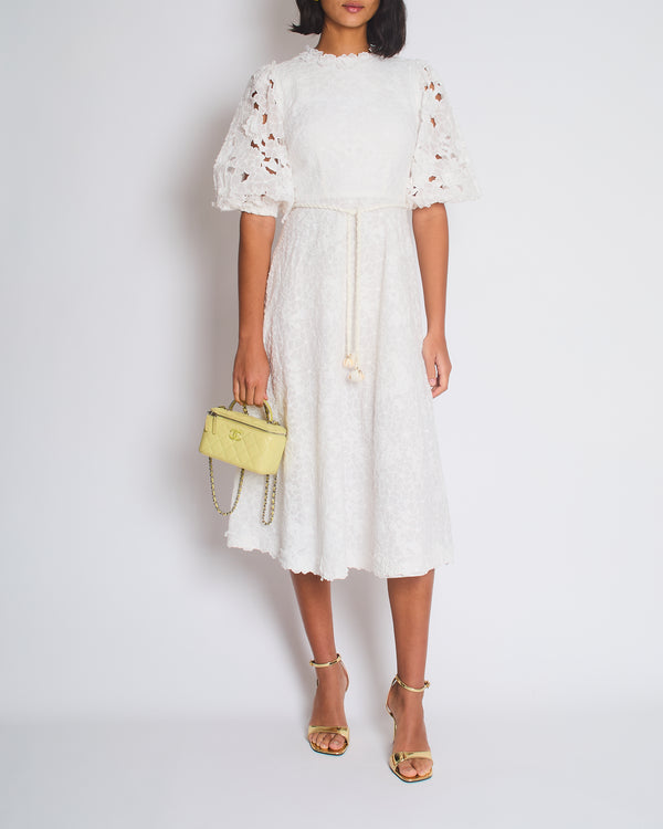 Zimmermann Lola Embroidered Ramie White Midi Dress Size 0 (UK 8)