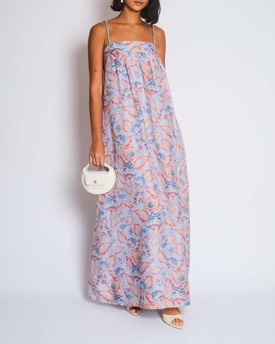 Zimmermann Blue Floral Print Maxi Dress with Embellished Straps Size 0 (UK 8)