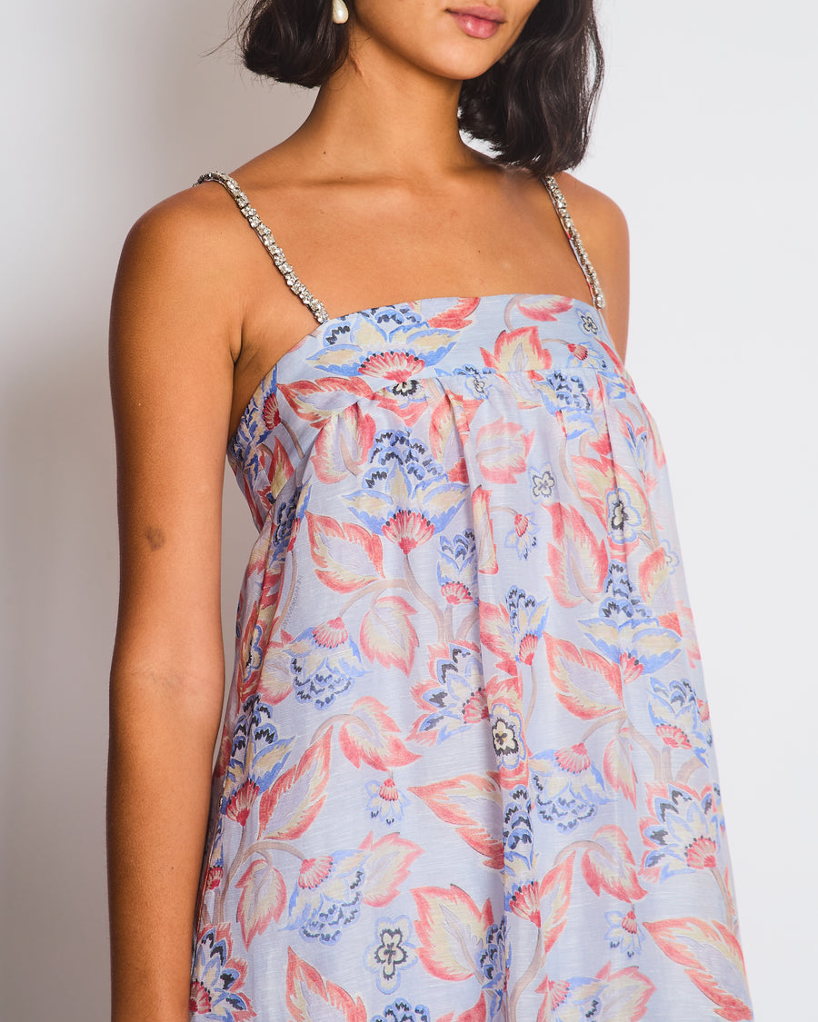 Zimmermann Blue Floral Print Maxi Dress with Embellished Straps Size 0 (UK 8)
