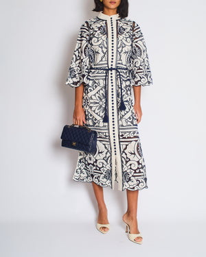 Zimmermann White and Blue Embroidered Midi Dress with Belt Size 0 (UK 8)