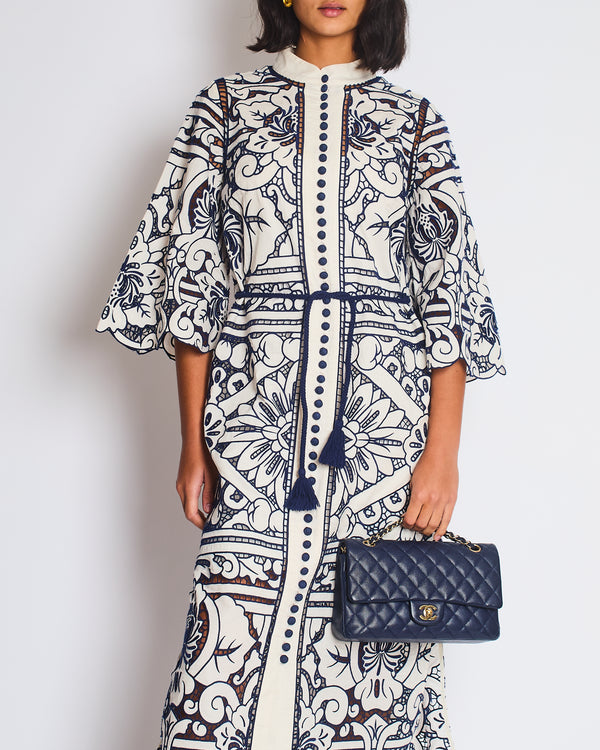 Zimmermann White and Blue Embroidered Midi Dress with Belt Size 0 (UK 8)