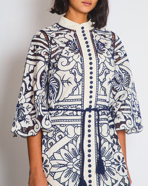 Zimmermann White and Blue Embroidered Midi Dress with Belt Size 0 (UK 8)