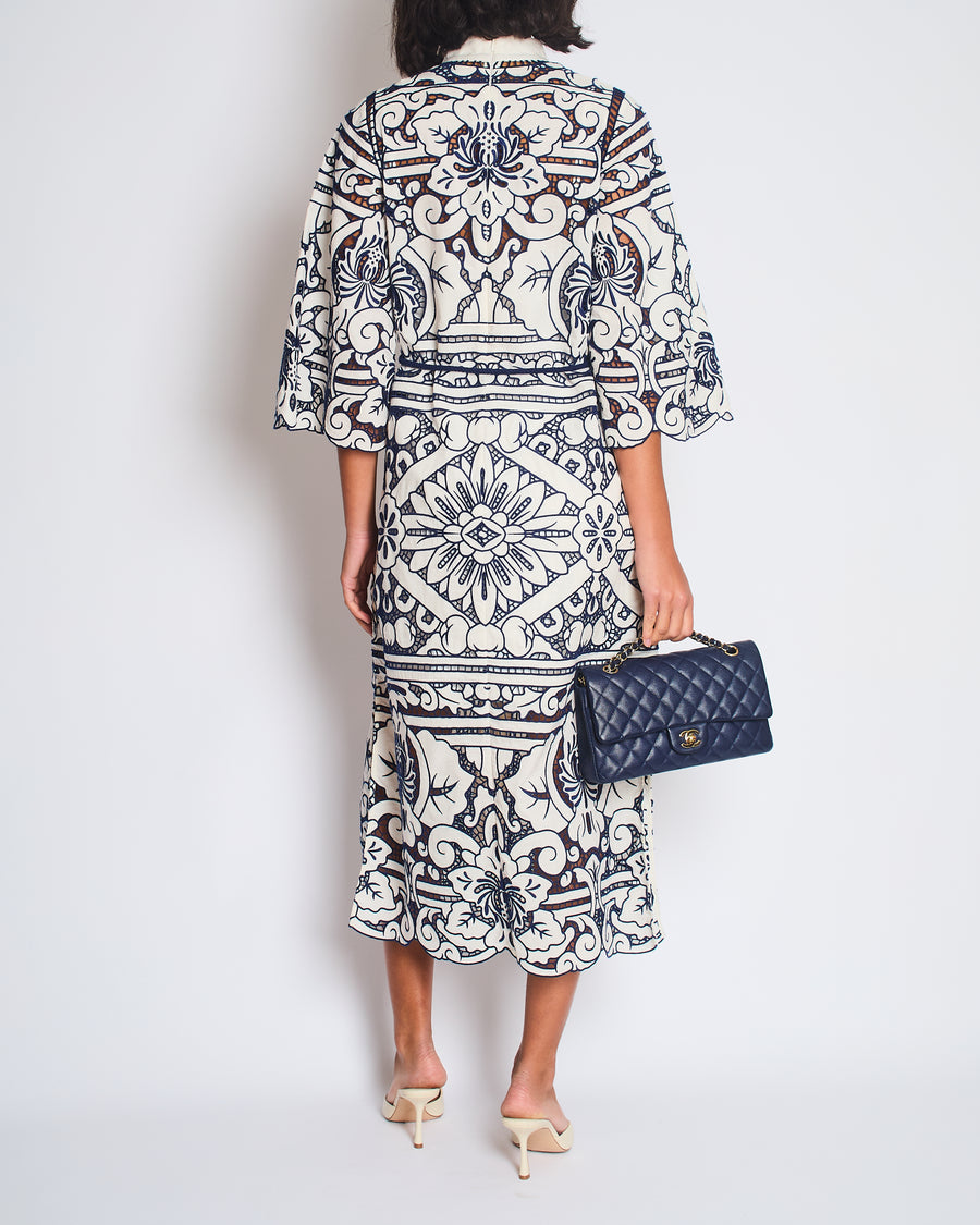 Zimmermann White and Blue Embroidered Midi Dress with Belt Size 0 (UK 8)