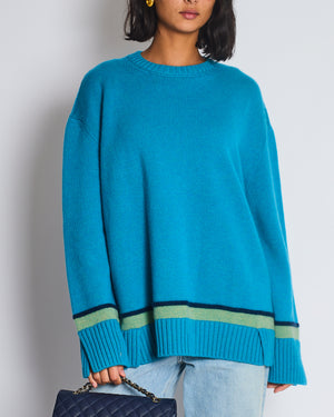 Loro Piana Blue Cashmere Long Sleeve Jumper with Green Stripe Detail Size L (UK 12)