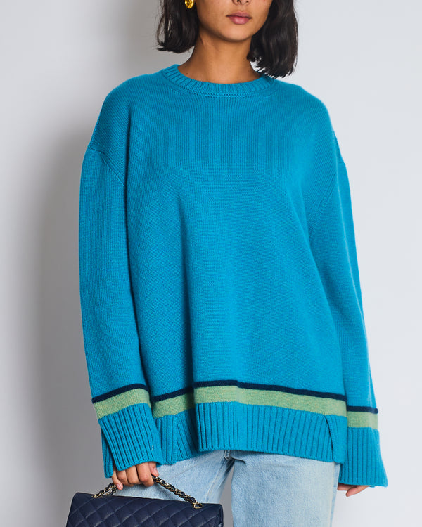 Loro Piana Blue Cashmere Long Sleeve Jumper with Green Stripe Detail Size L (UK 12)