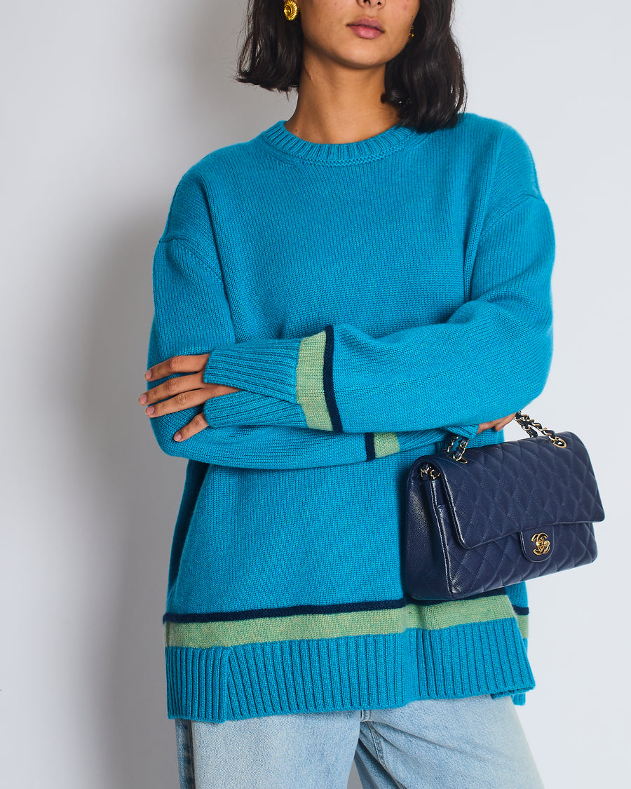 Loro Piana Blue Cashmere Long Sleeve Jumper with Green Stripe Detail Size L (UK 12)