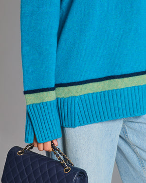 Loro Piana Blue Cashmere Long Sleeve Jumper with Green Stripe Detail Size L (UK 12)