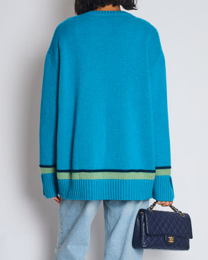 Loro Piana Blue Cashmere Long Sleeve Jumper with Green Stripe Detail Size L (UK 12)