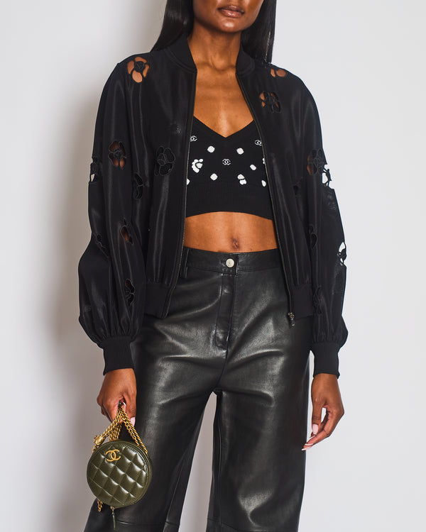 Chanel Black Laser Cut Camellia Bomber Jacket Size FR 36 (UK 8)