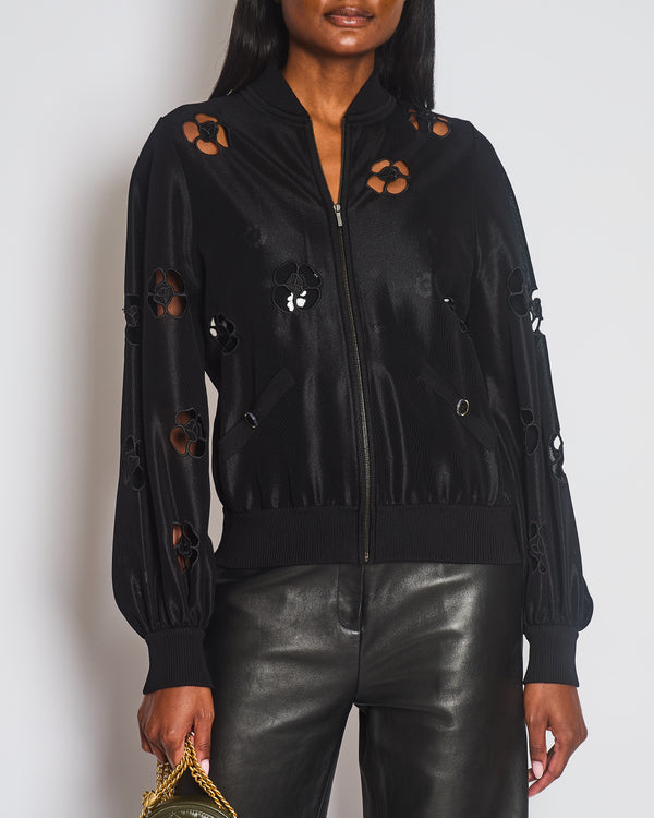 Chanel Black Laser Cut Camellia Bomber Jacket Size FR 36 (UK 8)