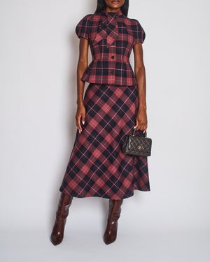 Christian Dior Red, Navy, Grey Check'n'Dior Flared Mid-Length Skirt FR 38 (UK 10)