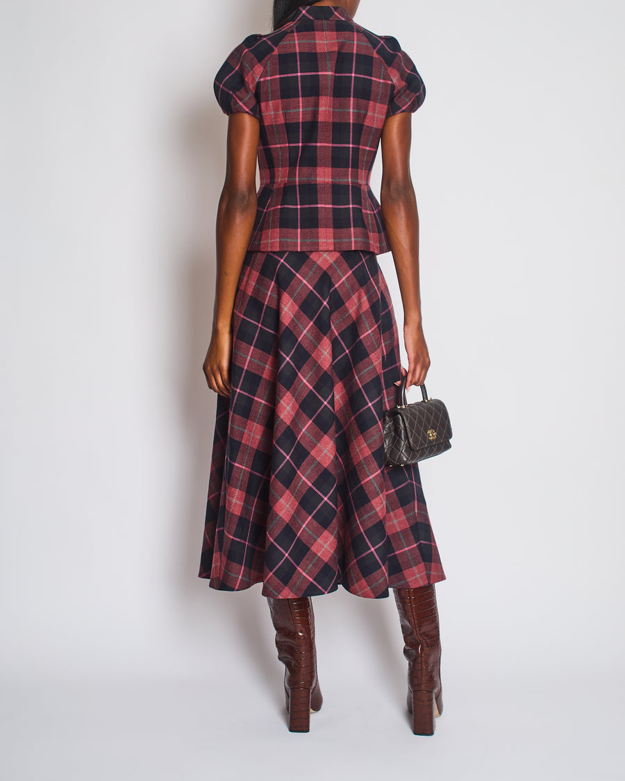 Christian Dior Red, Navy, Grey Check'n'Dior Flared Mid-Length Skirt FR 38 (UK 10)