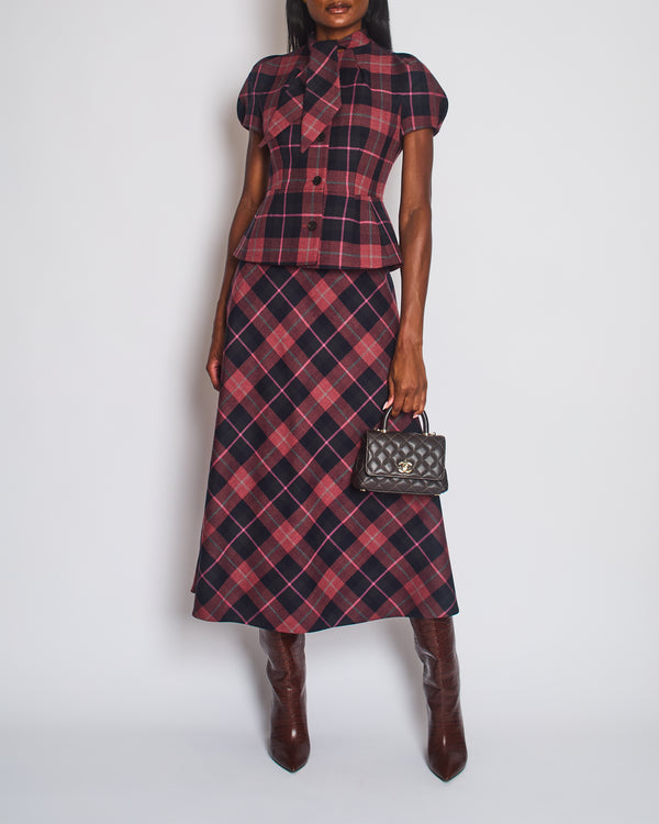 Christian Dior Red, Navy, Grey Check'n'Dior Flared Mid-Length Skirt FR 38 (UK 10)