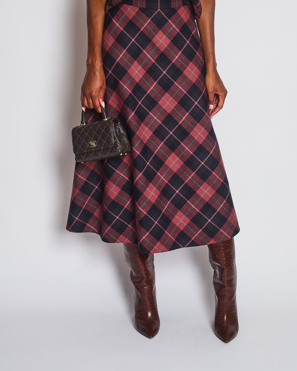 Christian Dior Red, Navy, Grey Check'n'Dior Flared Mid-Length Skirt FR 38 (UK 10)