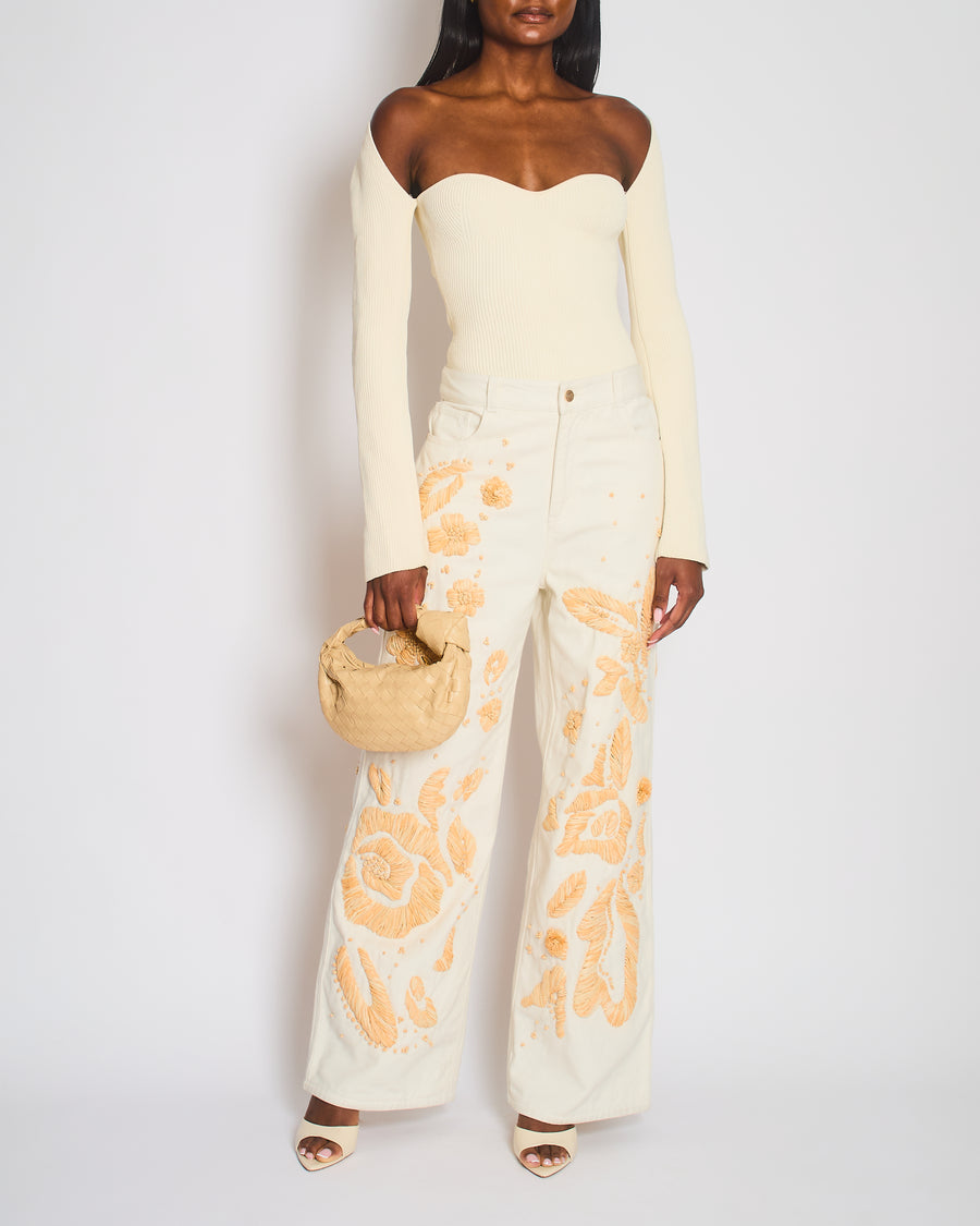 Cult Gaia White Jarli Raffia Appliqué High Rise Wide Leg Jeans Size 29
