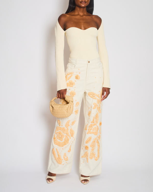 Cult Gaia White Jarli Raffia Appliqué High Rise Wide Leg Jeans Size 29