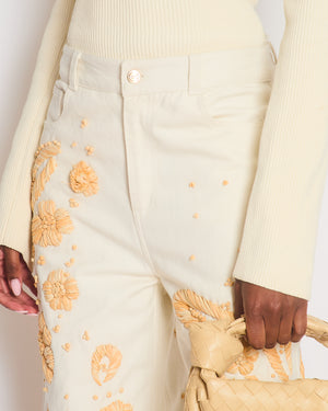 Cult Gaia White Jarli Raffia Appliqué High Rise Wide Leg Jeans Size 29