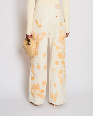 Cult Gaia White Jarli Raffia Appliqué High Rise Wide Leg Jeans Size 29