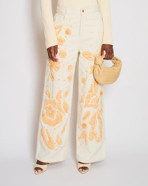 Cult Gaia White Jarli Raffia Appliqué High Rise Wide Leg Jeans Size 29