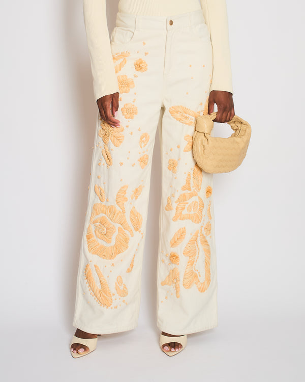 Cult Gaia White Jarli Raffia Appliqué High Rise Wide Leg Jeans Size 29