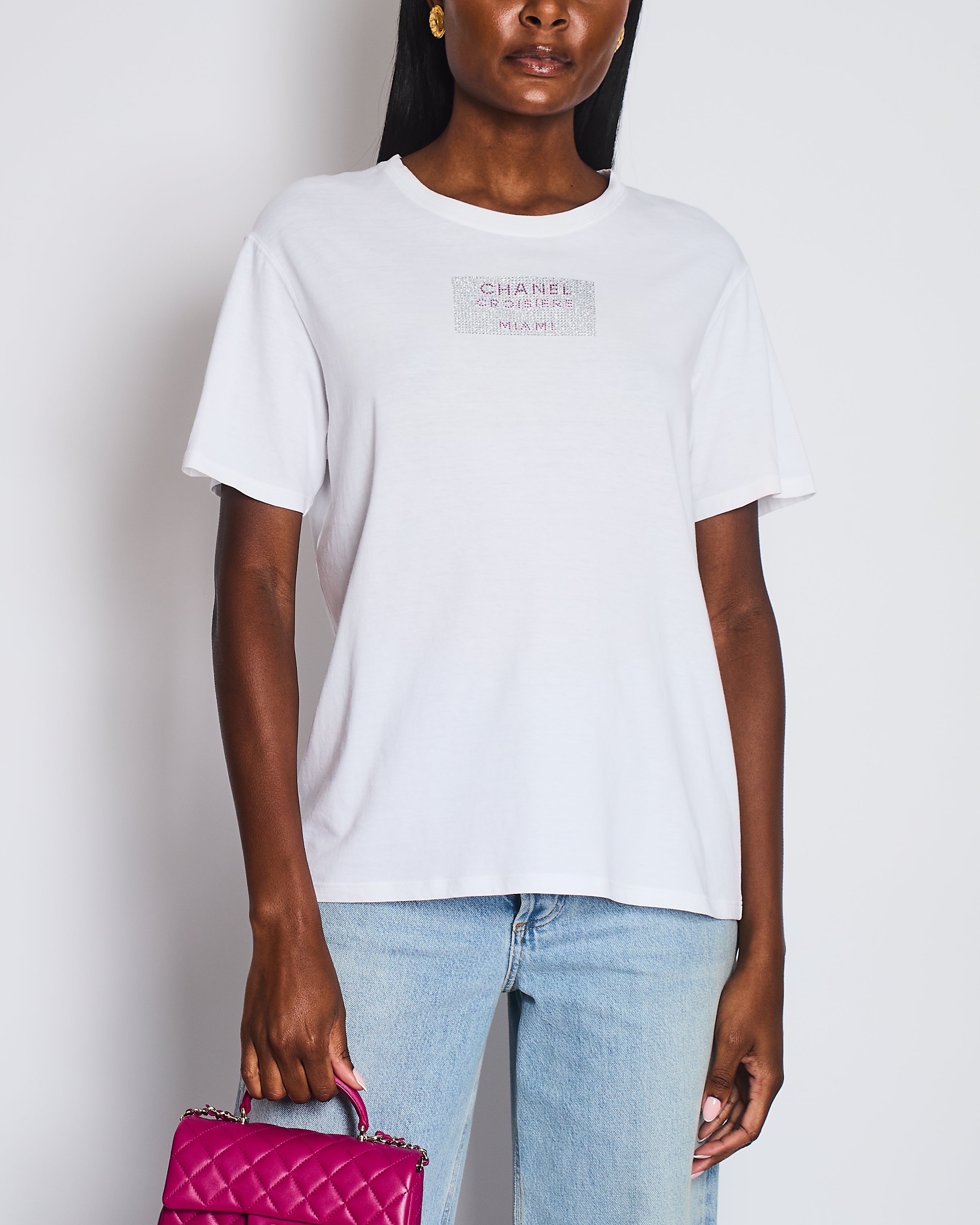 Chanel White T-shirt Rhinestones Detail “Croisiere Miami” Size M