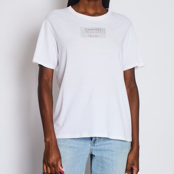 Chanel White T-shirt Rhinestones Detail “Croisiere Miami” Size M