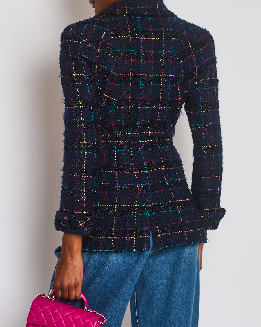 Chanel 07A Navy & Multicolour Tweed Jacket with Camellia Brooch and Belt Detail Size FR 40 (UK 12)
