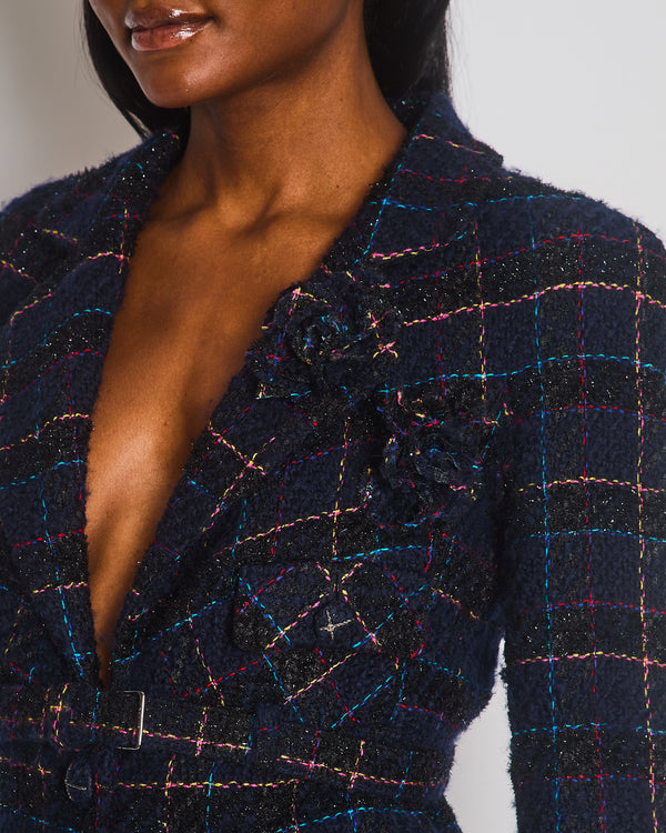 Chanel 07A Navy & Multicolour Tweed Jacket with Camellia Brooch and Belt Detail Size FR 40 (UK 12)
