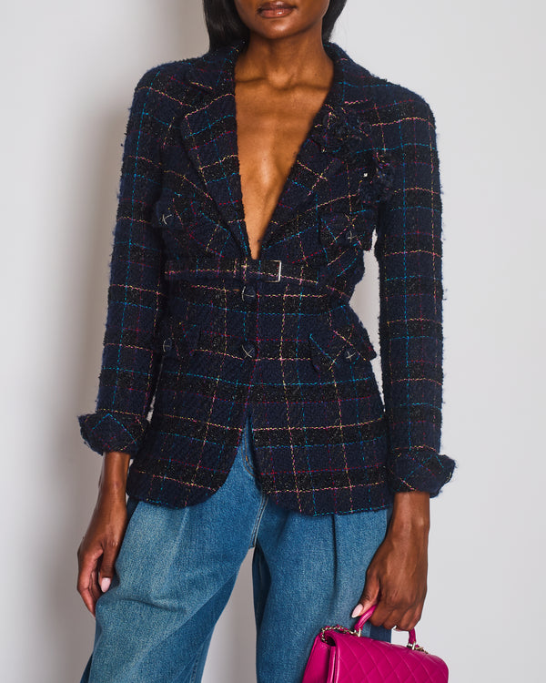 Chanel 07A Navy & Multicolour Tweed Jacket with Camellia Brooch and Belt Detail Size FR 40 (UK 12)