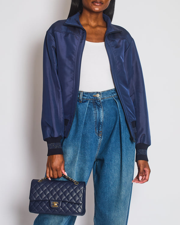 Chanel 17/A Navy Satin Bomber Jacket with Glitter Trim and CC Button Detail Size FR 34 (UK 6)