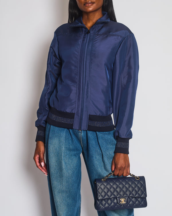 Chanel 17/A Navy Satin Bomber Jacket with Glitter Trim and CC Button Detail Size FR 34 (UK 6)