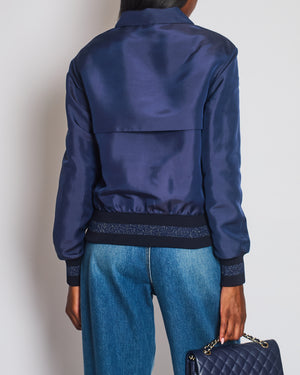 Chanel 17/A Navy Satin Bomber Jacket with Glitter Trim and CC Button Detail Size FR 34 (UK 6)