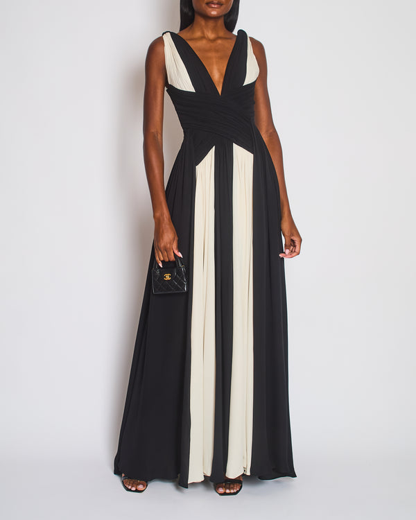 Zuhair Murad Black and White Panelled Sleeveless Pleated Maxi Dress Size FR 34 (UK 6)