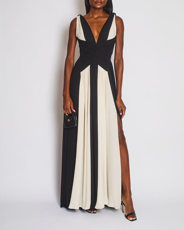 Zuhair Murad Black and White Panelled Sleeveless Pleated Maxi Dress Size FR 34 (UK 6)