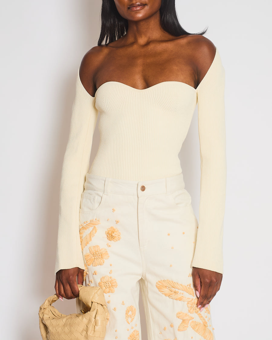 Khaite Cream Maddy Long Sleeve Ribbed Bustier Top Size M (UK 10)