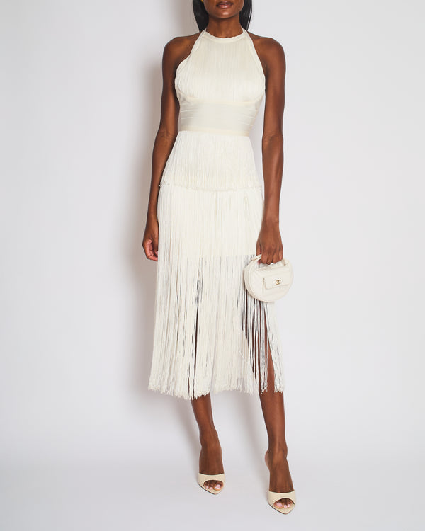 Hervé Léger White Halter Neck Fringe Tassel Midi Dress Size S (UK 8/10)