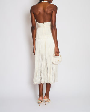 Hervé Léger White Halter Neck Fringe Tassel Midi Dress Size S (UK 8/10)