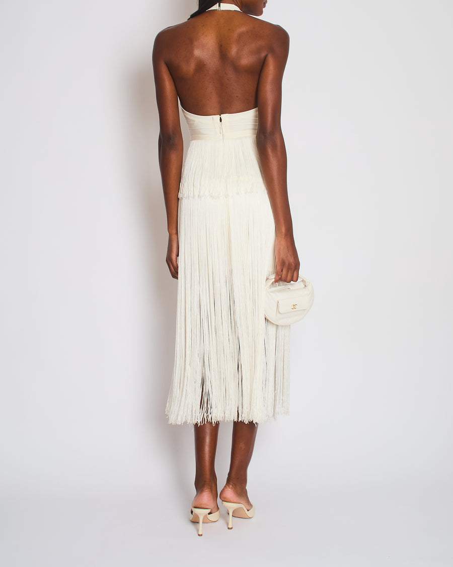 Hervé Léger White Halter Neck Fringe Tassel Midi Dress Size S (UK 8/10)