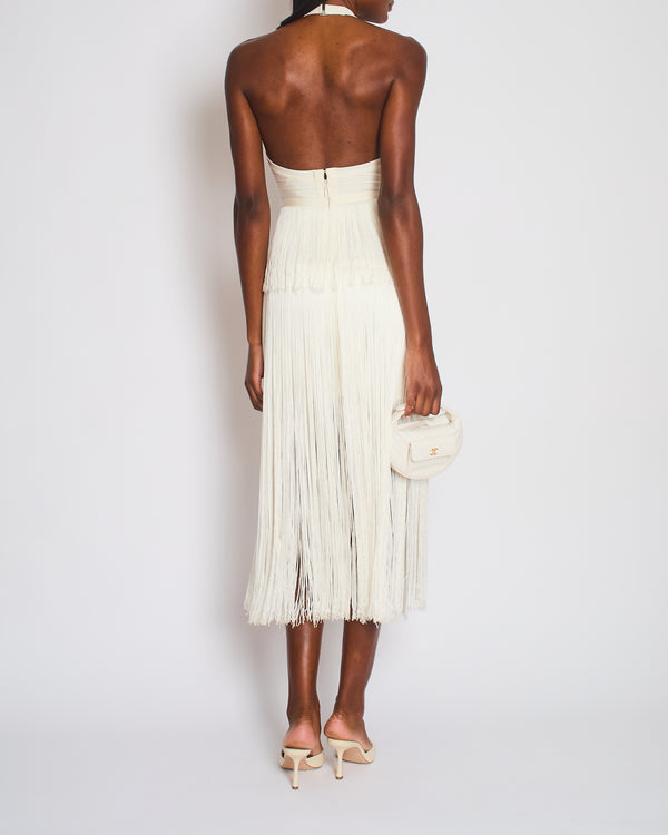 Hervé Léger White Halter Neck Fringe Tassel Midi Dress Size S (UK 8/10)